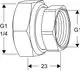 Produktzeichnung eines Adapters mit Innengewinde und freilaufender Mutter. Teil von IMI Hydronic Engineering, verwendet in Rohrleitungssystemen.